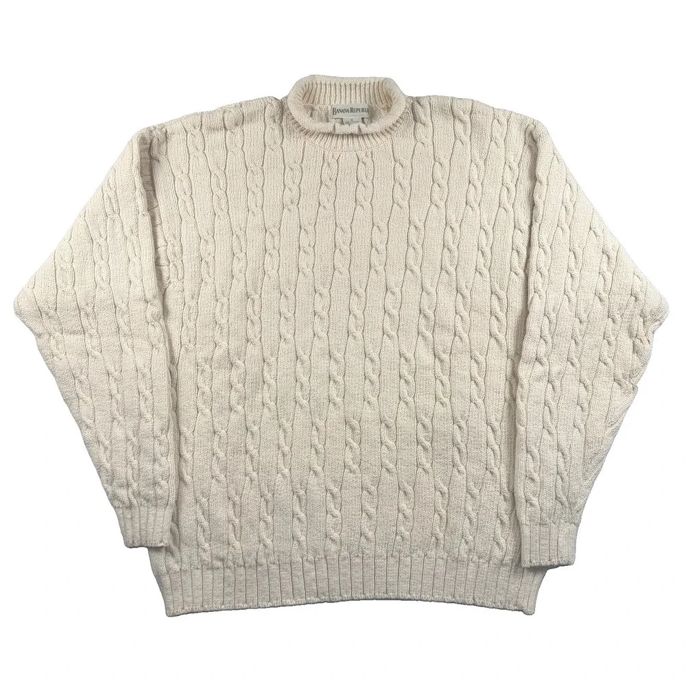 Vtg Banana Republic Roll Neck Sweater Mens XL Cable Knit Heavy Chunky Fisherman